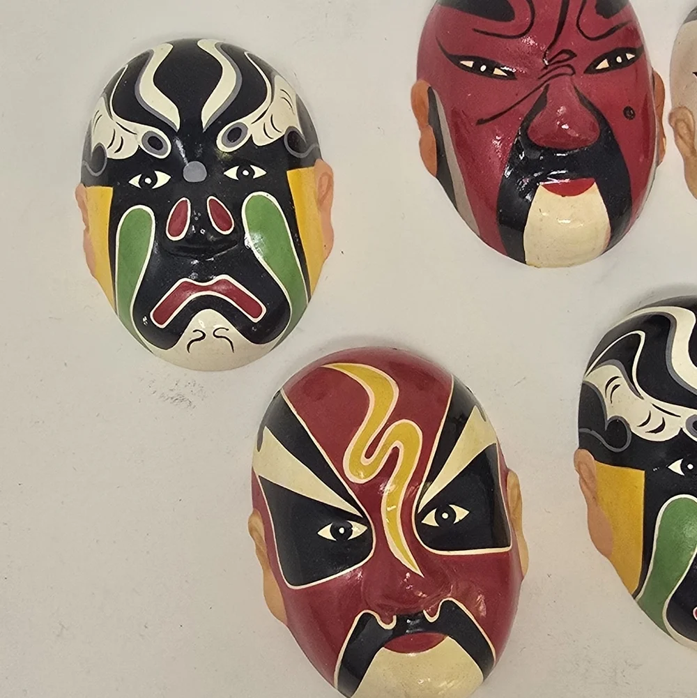Vtg WUXI chinese handmade hand‎ painted, 5 clay kabuki masks huishan theater